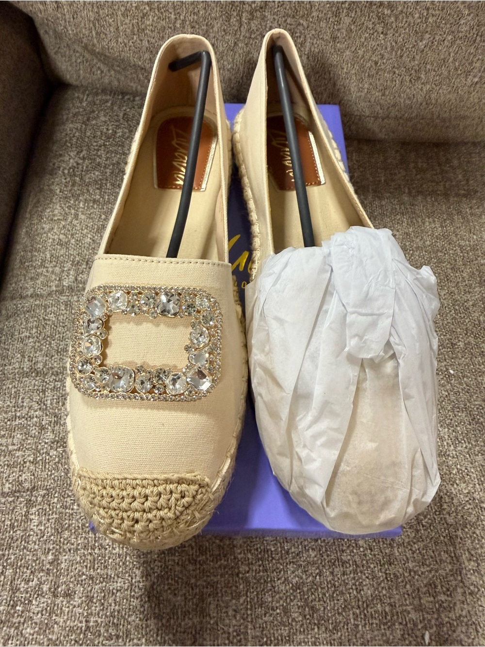 Liliana Beige Espadrille Flats with Crystal Buckle